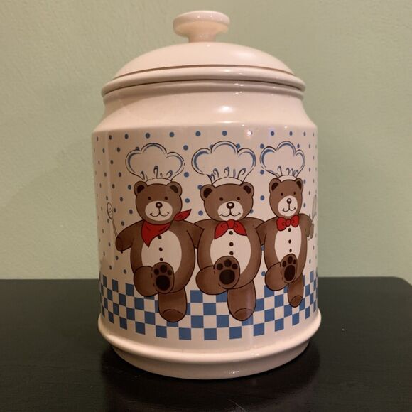 Vintage B & D Large Canister Cookie Jar 3 Dance Bears Chef Hat Japan Ceramic - Picture 2 of 12